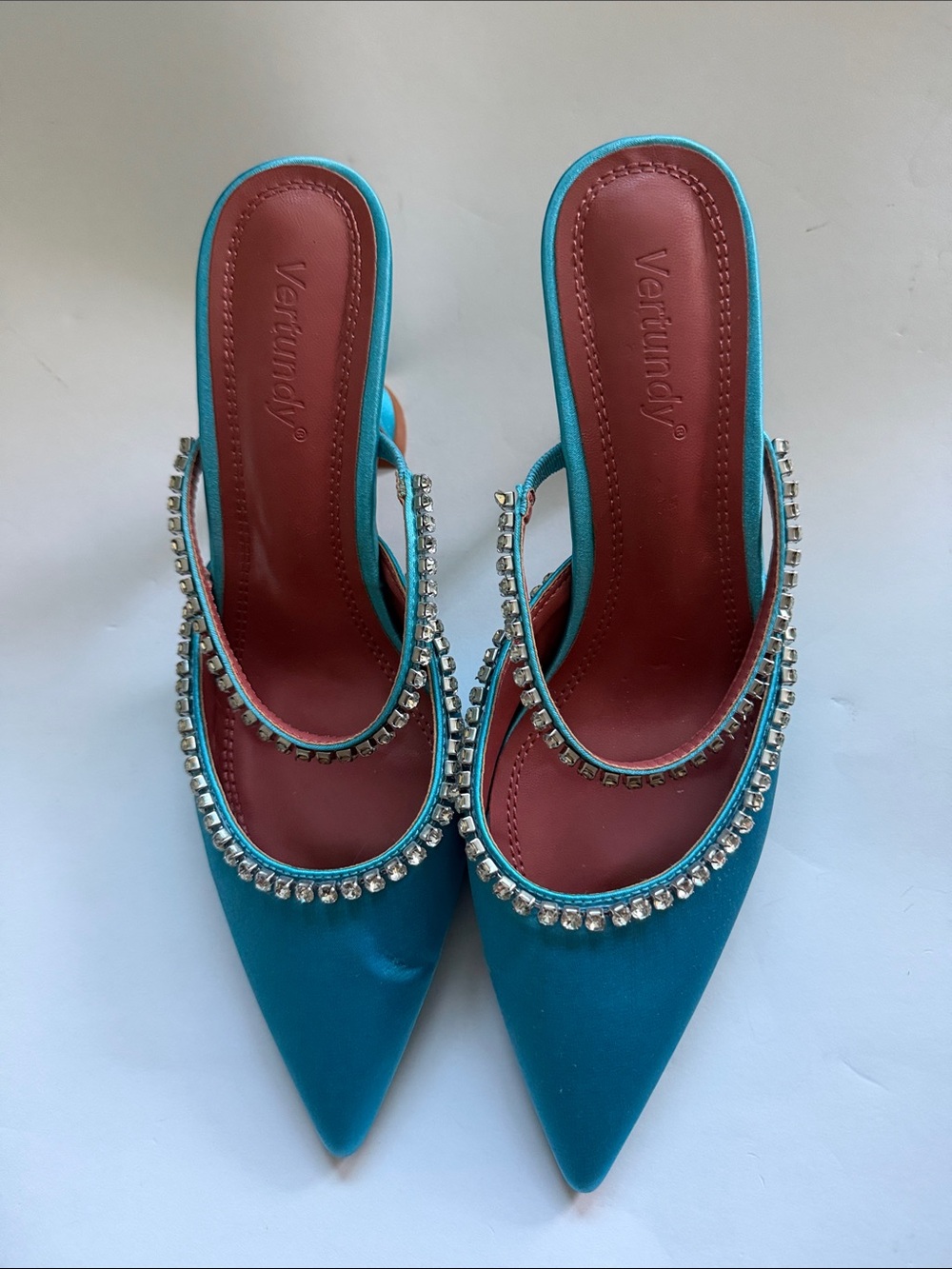 Vertndy Pair of Turquoise Blue Satin Crystals Mule Heels Size 8.5 New